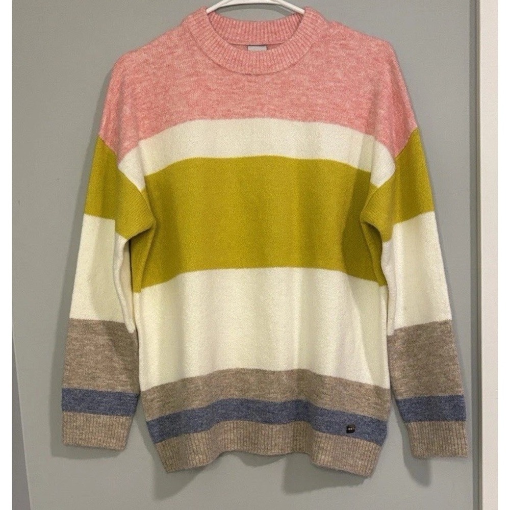 NWT WNT Collection Multi Color Striped Crew Neck Knit Sweater Pink Yellow